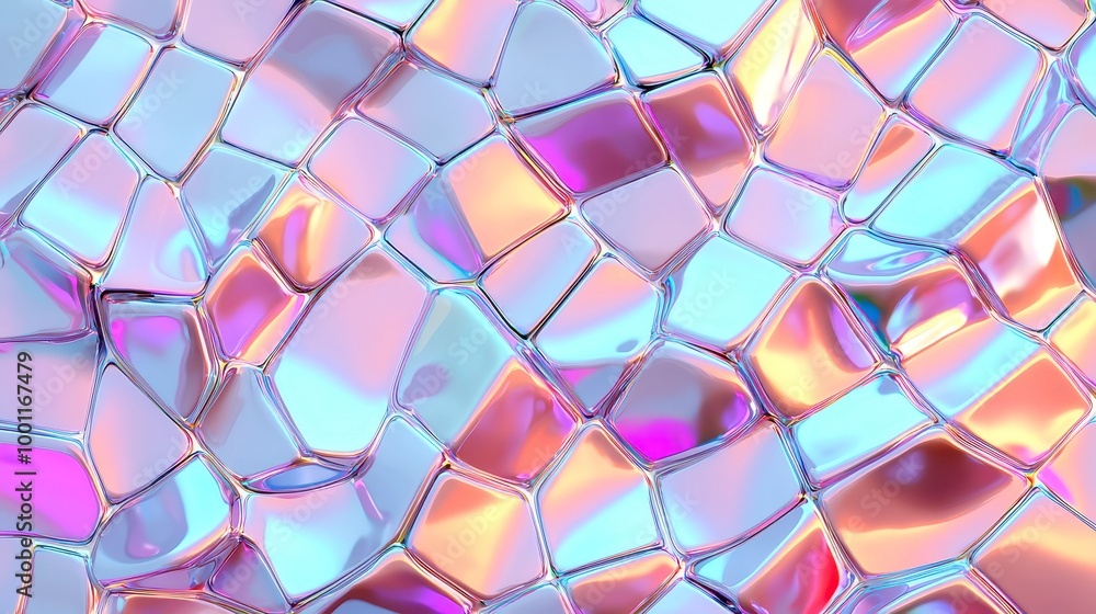 Poster vibrant geometric mosaic, an intricate design of colorful tiles, each reflecting light uniquely, cre