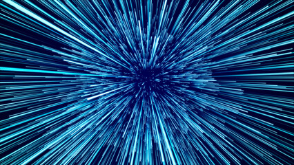 Fototapeta premium Abstract blue hyper jump. Digital hyperspace with flow of bright particles. Beams motion in galaxy. Big stars explosion. Space glowing tunnel moving at the speed of light. 3d rendering.