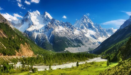 Majestic mountains covered in pure white snow, their jagged peaks piercing a bright blue sky. The foreground shows a lush green valley with a winding river.