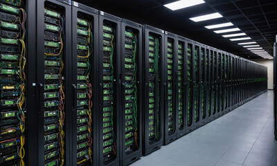 A long row of server racks in a data center