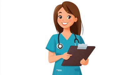 Cartoon nurse standing with a stethoscope around the neck, holding a clipboard, isolated on white background.