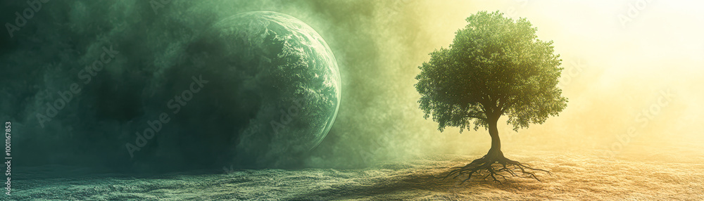 Wall mural a tree is in the foreground of a picture of a planet and a tree