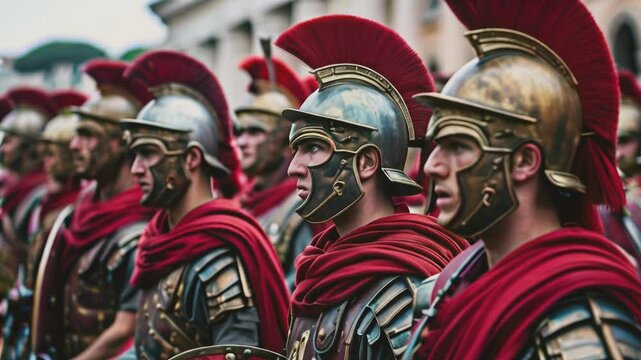 A disciplined line of Roman soldiers in full armor, featuring traditional red cloaks and plumed helmets.