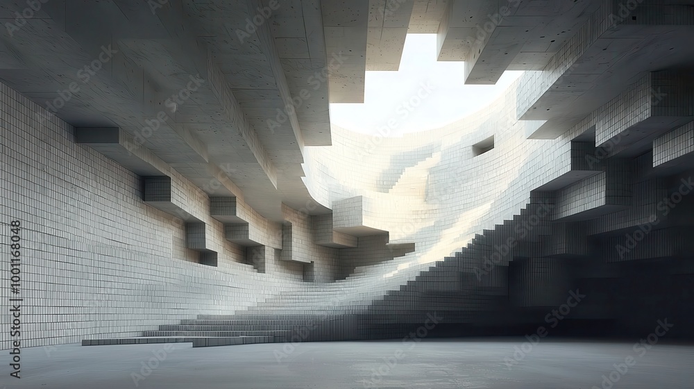 Poster futuristic 3d wall design with semigloss concrete fish scale mosaic tiles, stacked blocks creating a
