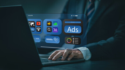 Businessman using computer with online marketing concept, digital marketing analysis, brand analysis, advertising on website and social media.