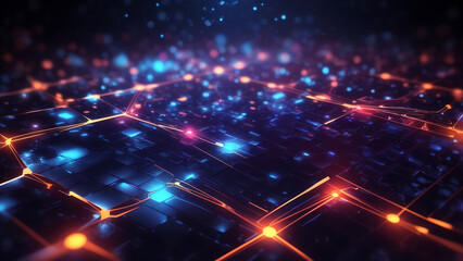 Obraz premium Abstract futuristic digital network with glowing lines and nodes, representing connectivity, technology, and innovation.