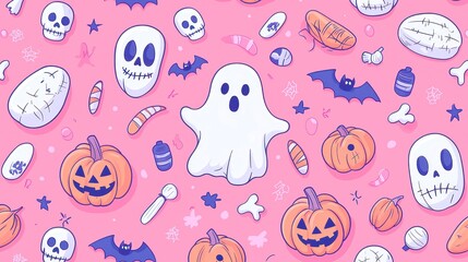 Fototapeta premium Halloween seamless pattern featuring autumn symbols, whimsical ghosts, playful pumpkins, and eerie motifs, perfect for festive decorations and seasonal celebrations.