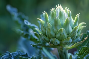 Obraz premium Single artichoke is growing in a garden, backlit by the evening sun