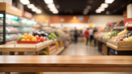 A wooden table top with a blurred supermarket aisle in the background, with various fruits and vegetables on display.