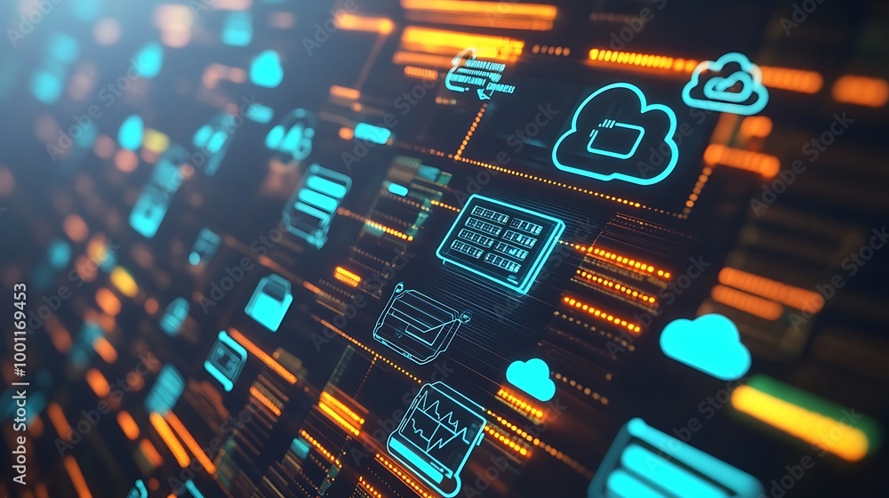 Poster Abstract digital background with glowing icons representing cloud computing, data storage, and online technology.