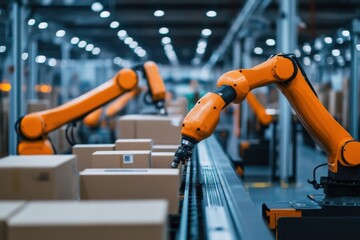 Industrial Robotics In Automated Factory Assembly Line With Orange Robotic Arms