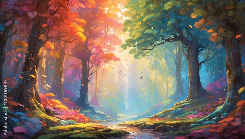 Poster a vibrant and colorful forest path with a stream flowing through it. the trees on one side are green