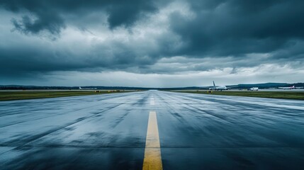 A wet airport runway under a moody sky, suggesting an impending storm.