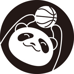 バスケットボールを持ったパンダの円形モノクロイラスト