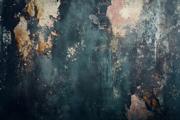 Obraz premium Weathered wall with peeling paint in shades of blue, gold, and pink.