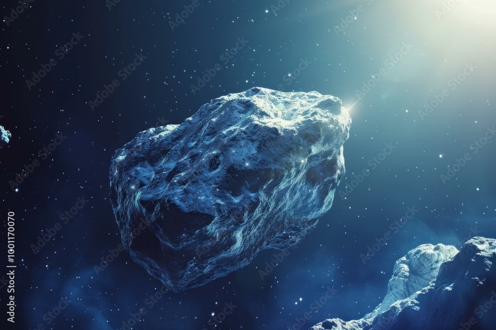 Poster large asteroid is floating through deep space surrounded by stars