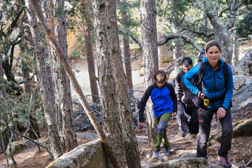 Group of hikers walking along a path in the forest.