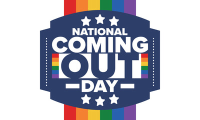 National Coming Out Day. Happy holiday. Pride month. LGBT rainbow flag. Diversity and equality. Gay and lesbian. Free love, heart shape. Illustration. Vector poster