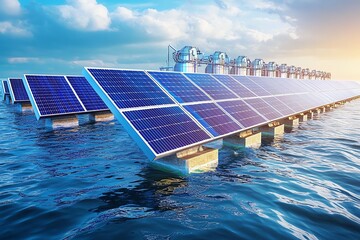 Floating solar panels on water body generating renewable energy at sunrise, innovative green technology for sustainable power.