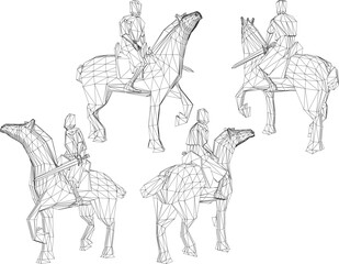 Vector sketch illustration of the design of a soldier wearing a royal era armor uniform riding a horse while fighting while holding a weapon