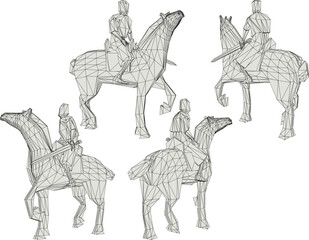 Vector sketch illustration of the design of a soldier wearing a royal era armor uniform riding a horse while fighting while holding a weapon