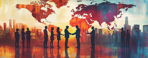 An abstract representation of global business, featuring silhouettes of people shaking hands