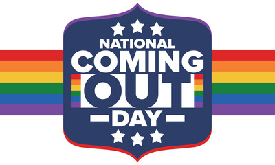 National Coming Out Day. Happy holiday. Pride month. LGBT rainbow flag. Diversity and equality. Gay and lesbian. Free love, heart shape. Illustration. Vector poster