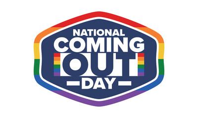 National Coming Out Day. Happy holiday. Pride month. LGBT rainbow flag. Diversity and equality. Gay and lesbian. Free love, heart shape. Illustration. Vector poster