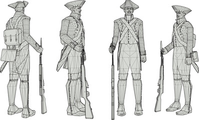 Vector sketch illustration of the design of soldiers in royal era uniforms lining up to prepare for war holding rifles