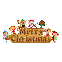 クリスマスの看板の周りで楽しむ子供達