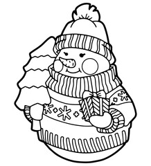 Snowman with Christmas tree and gift in hands. Isolated on white. Coloring page. Black line. Children's drawing.
