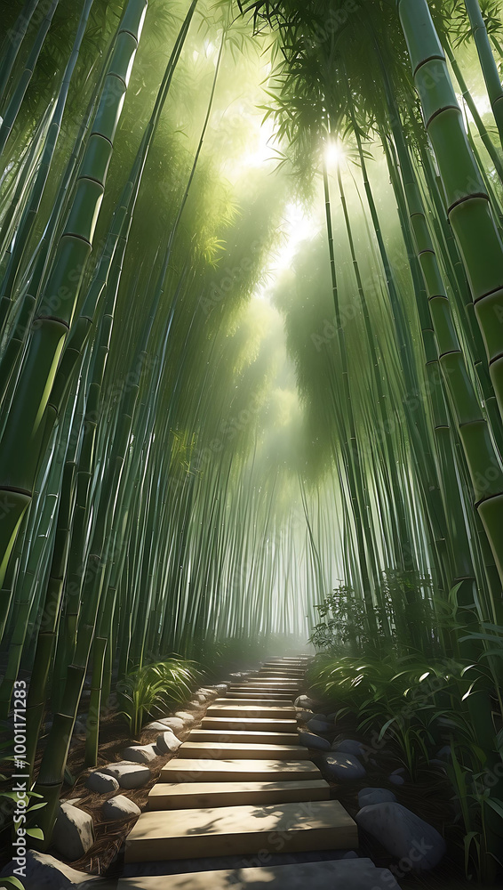 Poster a stone path leads through a dense bamboo forest, sunlight filtering through the leaves and creating