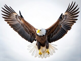 Obraz premium A majestic bald eagle with outstretched wings and sharp talons soars against a crisp white background, evoking freedom and power in a striking visual statement.