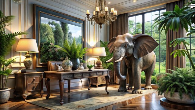 A majestic elephant sculpture stands proudly on a stylish console table amidst lush greenery, surrounded by elegant furniture and rich textiles in a luxurious living room.