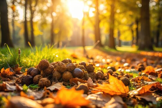 A messy pile of dog feces lies on the grass, surrounded by fallen leaves, with a blurred background of trees and a sunny afternoon atmosphere.