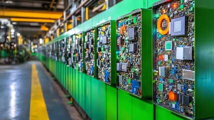 Fototapeta premium Industrial control panels with exposed circuit boards in a factory setting, showcasing complex electronics and manufacturing technology.