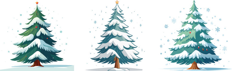 Fototapeta premium Snow Covered Spruce Trees Collection. Set of Christmas Trees in Snow Isolated Transparent Background