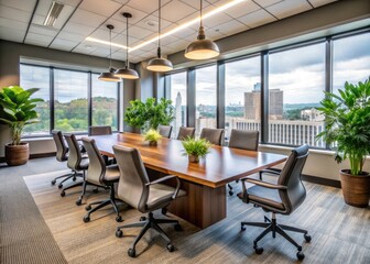 Fototapeta premium A modern office space filled with sleek furniture and natural light, features a large conference table, chairs, and plants, set in Royal Oak, Michigan's business district.