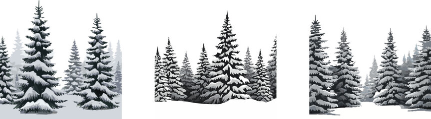 Fototapeta premium Snow Covered Spruce Trees Collection. Set of Christmas Trees in Snow Isolated Transparent Background