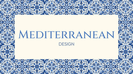 Mediterranean frame showcases beautiful navy blue floral tile patterns, perfect for invitations, menus, and wedding designs. Classic Portuguese and Moroccan ceramic styles, it's timeless and elegant.
