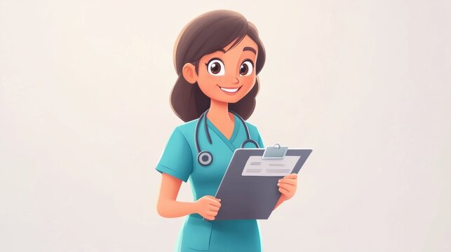 Cute cartoon nurse in scrubs, holding a stethoscope and medical chart, smiling warmly, isolated on a white background.