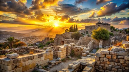 Ancient stone walls and crumbling ruins of a biblical cityscape at sunset, evoking nostalgia and historical significance, perfect for faith-based or inspirational projects.