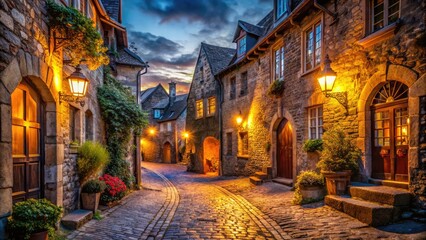 Ancient stone walls, torch-lit windows, and cobblestone streets evoke a mystical, forgotten era, transporting viewers to a medieval world of grandeur and mystique.