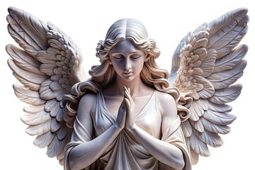 An ethereal, delicate angel statue with intricately folded wings and a peaceful countenance, isolated on a transparent background, radiating serenity and divine elegance.