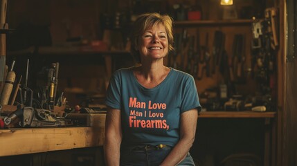 Woman in Workshop with Firearms T-Shirt