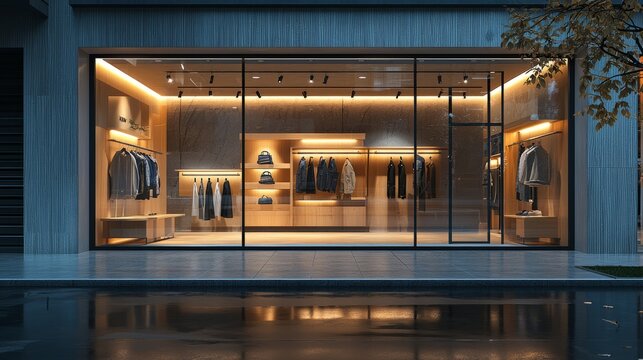 Modern clothing store facade with warm lighting