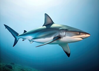 Fototapeta premium A powerful grey reef shark swims horizontally, its sleek body and sharp fins illuminated against a crisp, clean white background, evoking a sense of oceanic majesty.