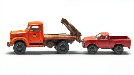 Fototapeta premium Vintage toy trucks towing in clean background