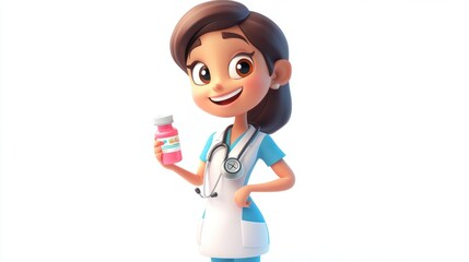 Cute nurse cartoon character holding a pill bottle and a stethoscope, smiling happily, isolated on white background.