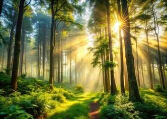 Obraz premium A serene forest landscape with warm sunlight filtering through tall trees, lush greenery, and a misty atmosphere, evoking a sense of innocence and wonder.
